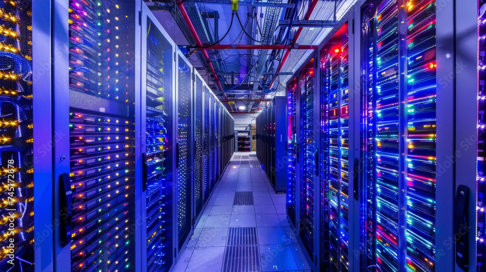 Data Center, Server Racks, Internet of Things, Data Flow, Digitalization of Internet Traffic.