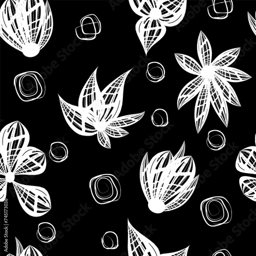 Hand-drawn seamless pattern with floral print. Abstract white flowers on black background. Vector pattern for printing on fabric, gift wrapping, covers, wallpapers..​