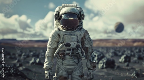 Astronaut in Space Suit Standing on a Barren Extraterrestrial Landscape with a Spaceship in the Background