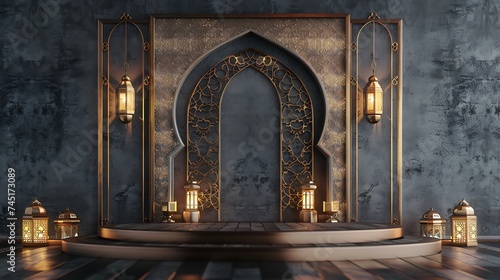 3D rendering of the podium decorated with mosque doors and lanterns. Suitable for product promotion podiums during Ramadan Sale and Islamic religious events. Generative Ai © mahaart