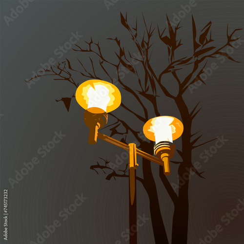 A colorful vector illustration of vintage style evening street lanterns against a backdrop of tree canopy silhouettes to add a retro touch to your decorations.
