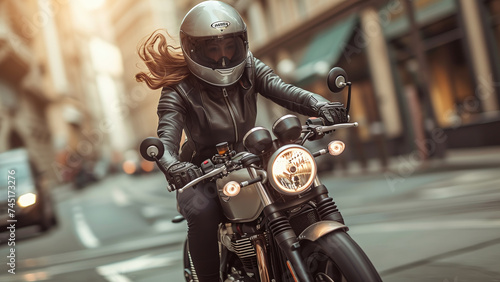 Urban Chic: Woman Riding Cafe Racer Motorcycle Through City Streets © Rukma