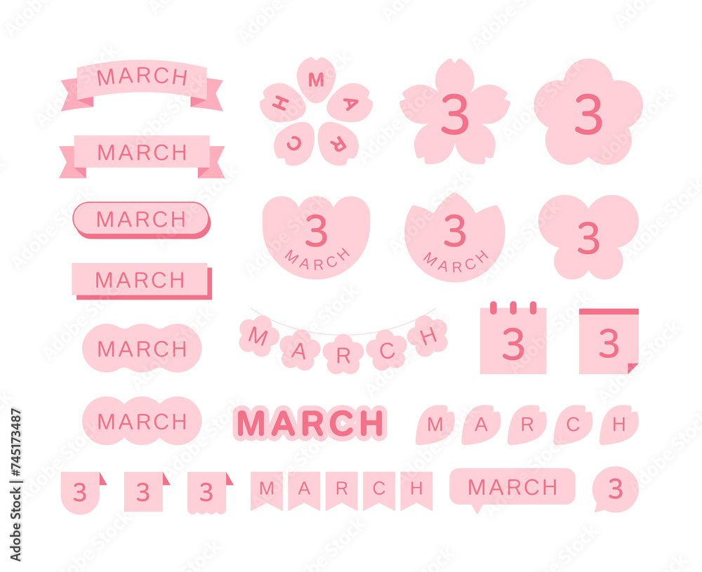 A set of pink decorative illustrations with a spring concept in March. Cherry blossom, flower, label, ribbon, garland, butterfly, calendar, note, speech bubble, tag, calendar shape design.