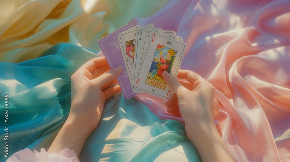 a close up of female hands drawing the tarot cards from the deck. A fortune teller woman doing divination indoors on pastel gradient surface - obrazy, fototapety, plakaty 