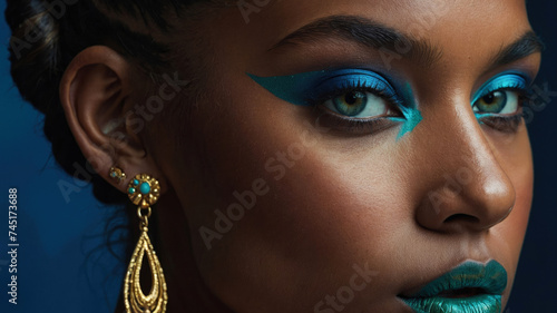 indoor portrait of a beautiful young black woman with an original hairstyle and makeup and jewelry