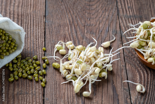 Sprouted mung beans on a wooden table. Healthy bean sprouts. Sprouted and dried beans. photo