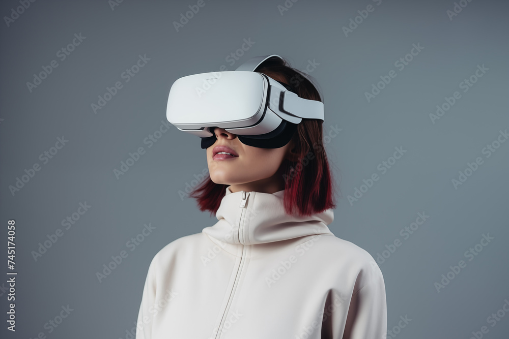Woman Experiencing Virtual Reality with Smart Glasses, Future Technology Concept Woman Experiencing Virtual Reality with Smart Glasses, Future Technology Concept