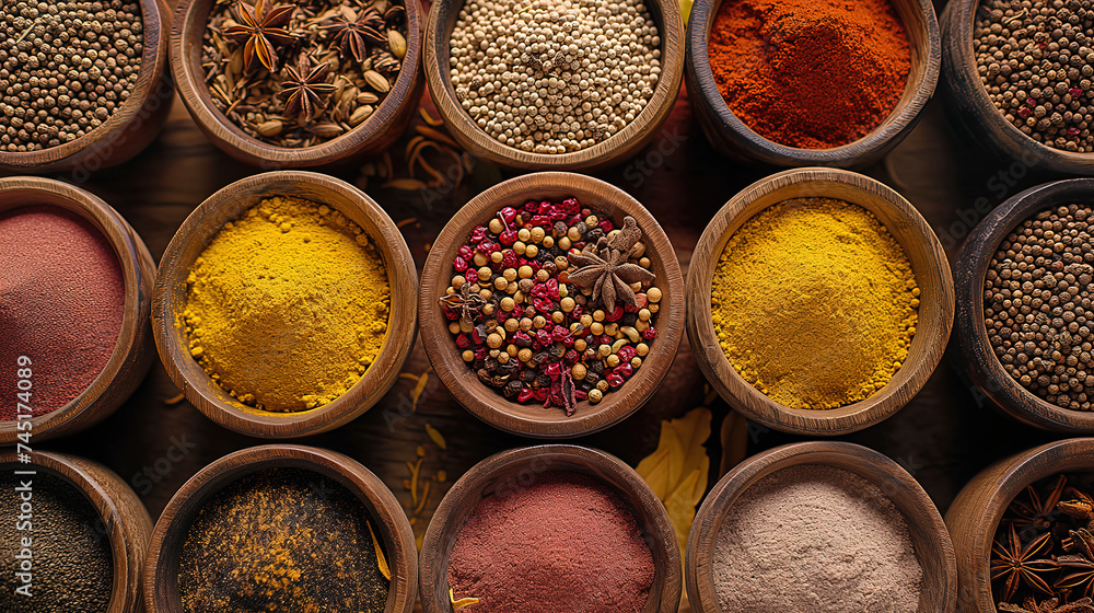 Variety of spices and herbs on a cooking table colorful view Variety of spices and herbs on a cooking table colorful view