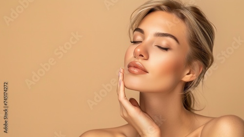 Young beautiful western woman with a peach backdrop posing for cosmetic products with an empty space for text or products, Generative AI.