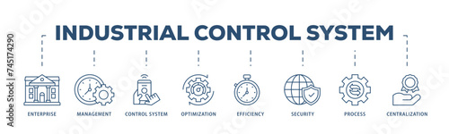Industrial control system icons process structure web banner illustration of enterprise, management, control system, optimization, efficiency icon live stroke and easy to edit 