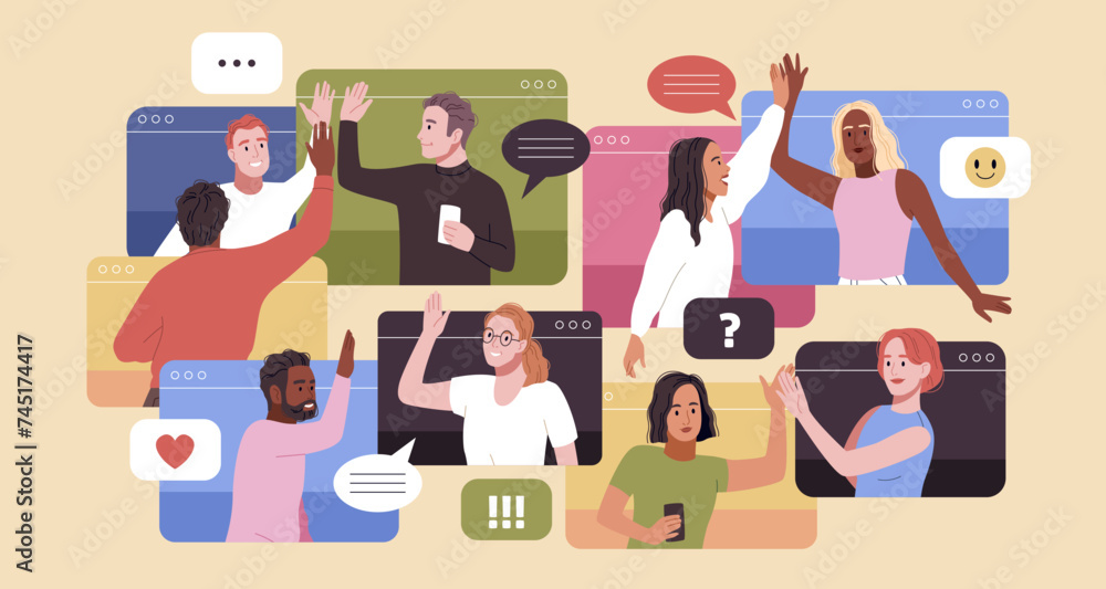 © YummyBuum - People give five. Employees team rejoices at success in general business chat, launching project, video conference, online communication, cartoon flat style isolated tidy vector concept