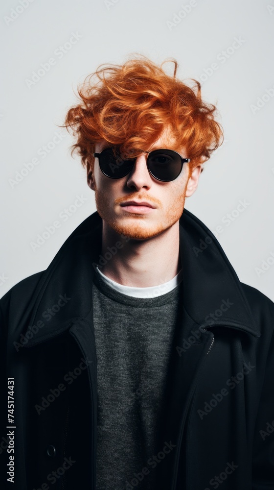 A studio Portrait of a young confident red-haired stylish man with a fashionable hairstyle, stubble, wearing sunglasses, a black coat and looking directly into the camera on a white background. A studio Portrait of a young confident red-haired stylish man with a fashionable hairstyle, stubble, wearing sunglasses, a black coat and looking directly into the camera on a white background.