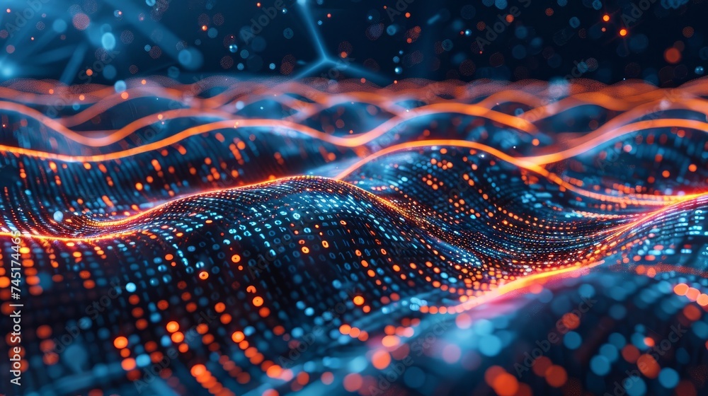 A 3D illustration depicting a wavy field with lines resembling a digital code, representing a digital structure and the concept of big data. It showcases a coded data loop in a cyberspace background A 3D illustration depicting a wavy field with lines resembling a digital code, representing a digital structure and the concept of big data. It showcases a coded data loop in a cyberspace background