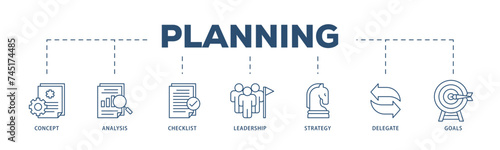 Planning icons process structure web banner illustration of concept, analysis, checklist, leadership, strategy, delegate and goals icon live stroke and easy to edit 