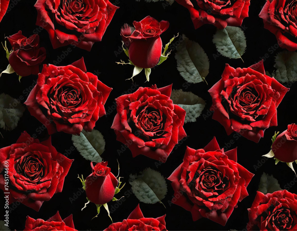 Fundo de rosas vermelhas. Várias rosas vermelhas juntas fotografia feita do topo - obrazy, fototapety, plakaty 