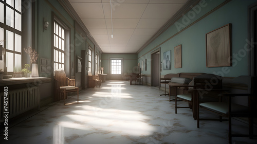 The use of Vray rendering and volumetric lighting transforms a long hospital corridor into a visually stunning representation  complete with a counter and chairs for added realism.