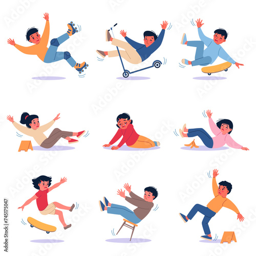 Falling children. Kids who have lost balance, boys and girls slipped and stumbled, active games danger, traumatic situations, crying injured child, cartoon flat style isolated vector set