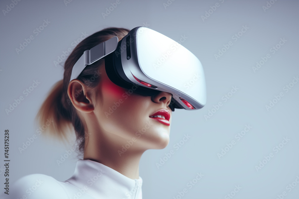 Woman Experiencing Virtual Reality with Smart Glasses, Future Technology Concept Woman Experiencing Virtual Reality with Smart Glasses, Future Technology Concept