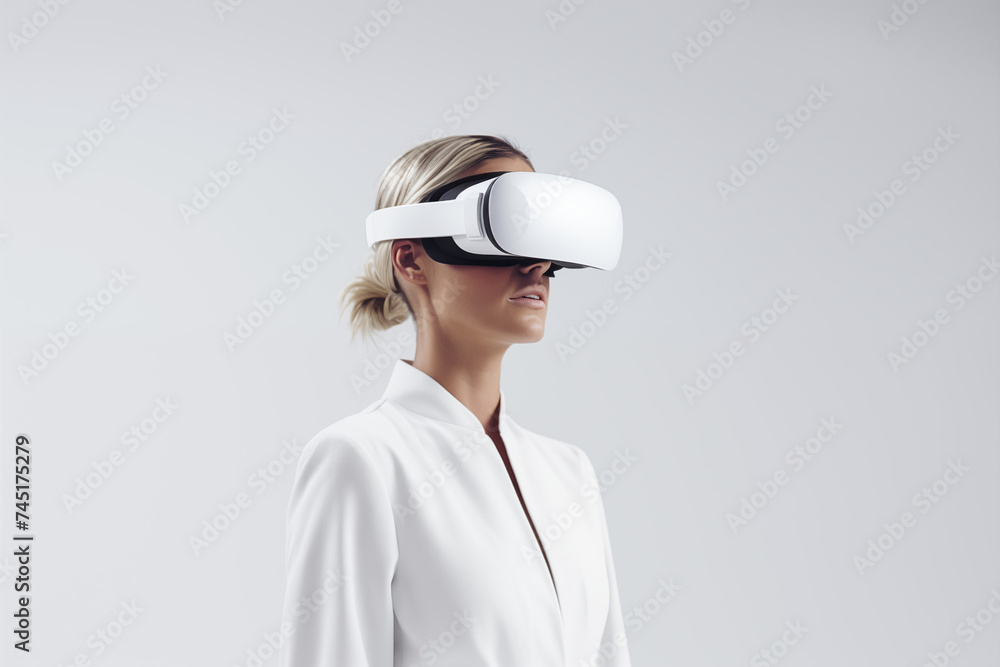 Woman Experiencing Virtual Reality with Smart Glasses, Future Technology Concept Woman Experiencing Virtual Reality with Smart Glasses, Future Technology Concept