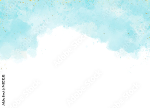 Abstract light sky blue watercolor background draw on white background and gold splashes effect. sky blue texture design template for birthday invite or card.