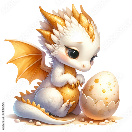 White Golden Dragon Fantasy Clipart, Watercolor Baby Dragon Clipart