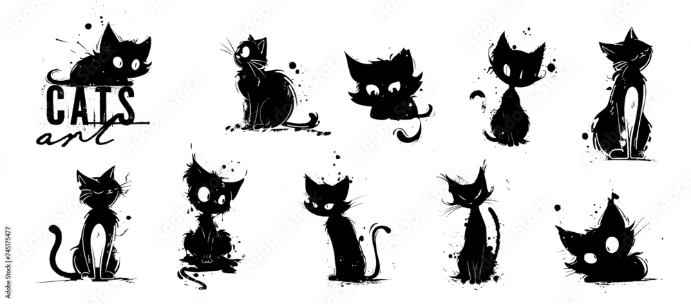 Cute cats art in different poses. Pets silhouettes, various kittens and tomcats, shown sitting and lying down. Vector collection of drawn cats with lots of details and artistic spots.