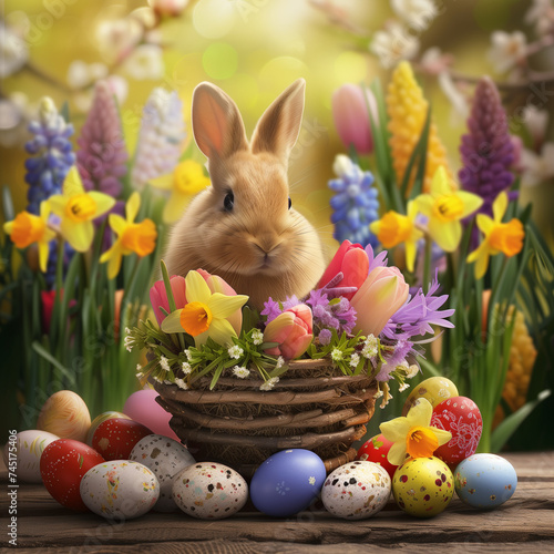 Cute Bunny and Easter Basket Amidst Bright Easter Spring Blooms with Daffodils, Tulips, Hyacinths
