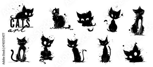 Cute cats art in different poses. Pets silhouettes, various kittens and tomcats, shown sitting and lying down. Vector collection of drawn cats with lots of details and artistic spots.