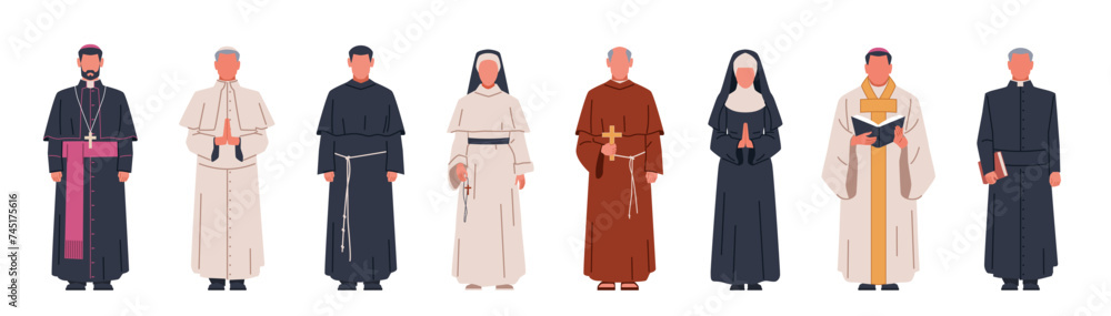Catholic church characters. Christianity direction, people in religious robes, different church ranks, monks and priests, men dressed in classical robes cartoon flat isolated nowaday vector set