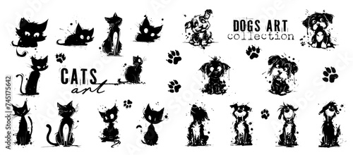 Cute cats art in different poses. Pets silhouettes, various kittens and tomcats, shown sitting and lying down. Vector collection of drawn cats with lots of details and artistic spots.