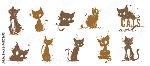 Cute cats art in different poses. Pets silhouettes  various kittens and tomcats  shown sitting and lying down. Vector collection of drawn cats with lots of details and artistic spots.