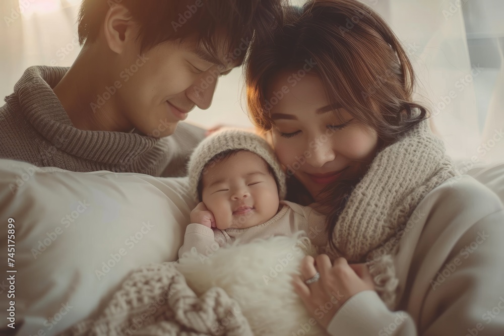 New family new life, parent-child concept. Parents spend time with their newborn New family new life, parent-child concept. Parents spend time with their newborn