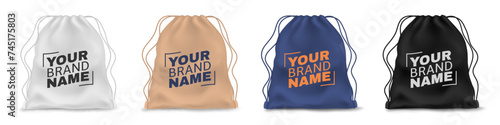 Branded backpacks. Realistic textile bags with space for label or print. White and black fabric, mockup for marketing branding, shopper or sport bag 3d isolated element. Vector set