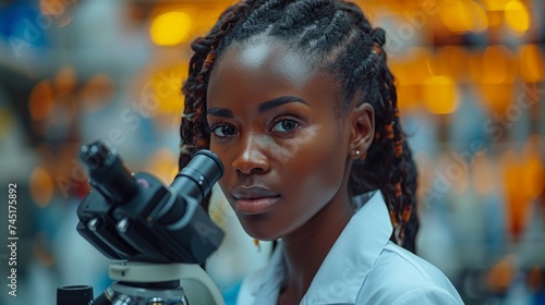 Woman in Lab Coat Looking Through Microscope