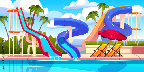 Aqua park attractions. Swimming pool with different types water extreme slides, summer family vacation, kids amusement, cartoon flat style isolated illustration tidy vector aquapark concept