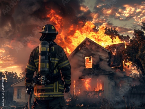 Brave Firefighter Facing an Intense Blaze at a Residential Fire
