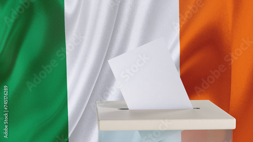 Blank ballot with space for text or logo is dropped into the ballot box against the background of the flag of Ireland. Election concept. 3D rendering. Mock up