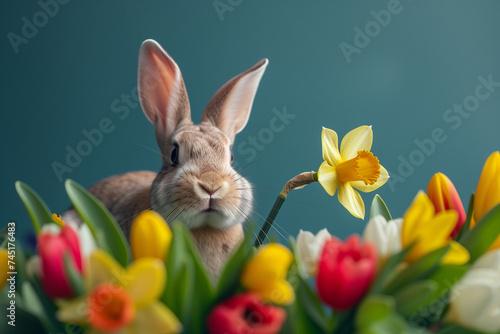 Cute Bunny Amidst Bright Easter Spring Blooms with Daffodils, Tulips, Hyacinths © JJS Creative