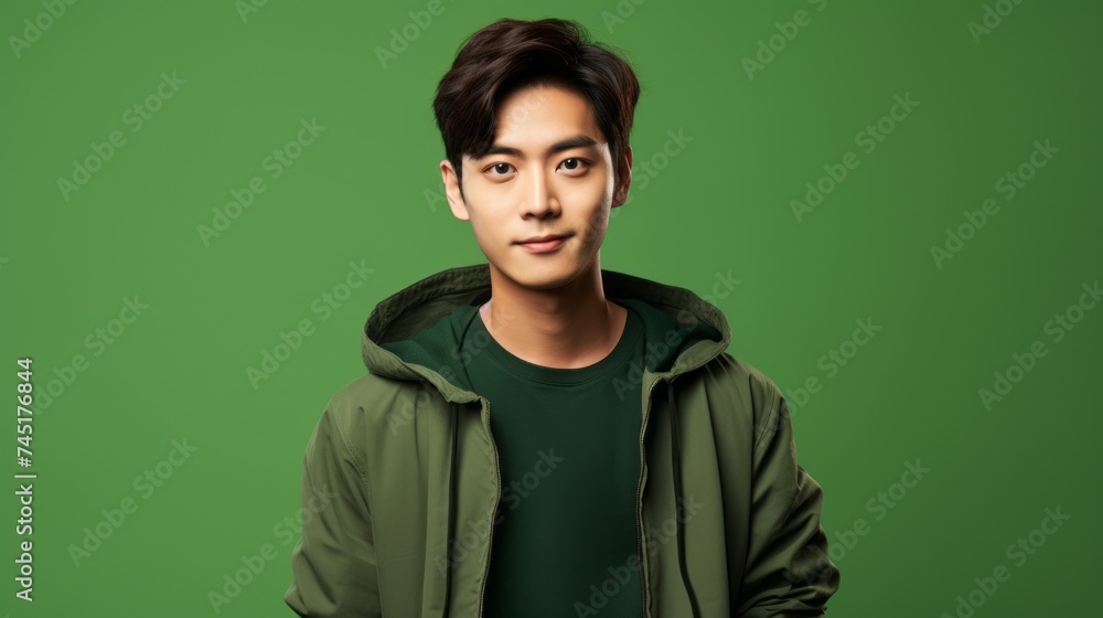 Studio horizontal Portrait of a young stylish Asian guy looking directly into the camera on a green background. Studio horizontal Portrait of a young stylish Asian guy looking directly into the camera on a green background.