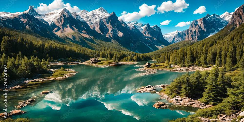Hiking through a serene mountain forest, arriving at a tranquil lake surrounded by tall trees and majestic peak. Generative AI. Hiking through a serene mountain forest, arriving at a tranquil lake surrounded by tall trees and majestic peak. Generative AI.
