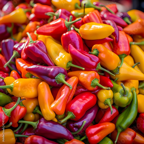 A cluster of colorful hot peppers at a farmers market