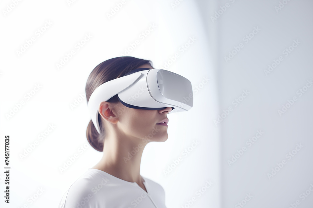 Woman Experiencing Virtual Reality with Smart Glasses, Future Technology Concept Woman Experiencing Virtual Reality with Smart Glasses, Future Technology Concept