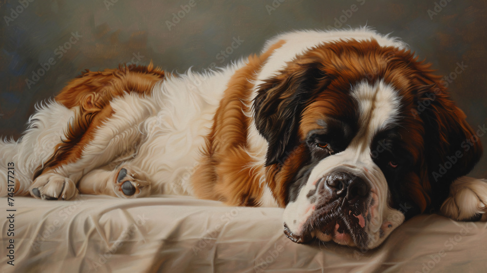 a serene hyperrealistic scene featuring a senior Saint Bernard in a peaceful moment. a serene hyperrealistic scene featuring a senior Saint Bernard in a peaceful moment.