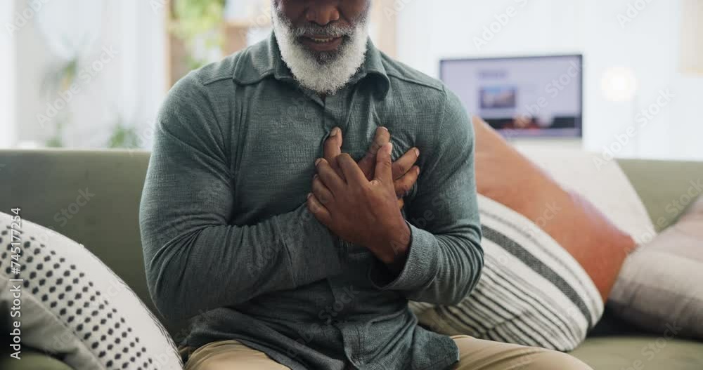 Heart attack, stress and senior man on a sofa with cardiac arrest, emergency or crisis in his home. Chest pain, anxiety or elderly African male with breathing problem, panic attack or heartburn issue Heart attack, stress and senior man on a sofa with cardiac arrest, emergency or crisis in his home. Chest pain, anxiety or elderly African male with breathing problem, panic attack or heartburn issue