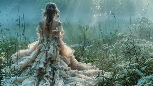 Fashion editorial in a dreamy forest setting, blending with nature -