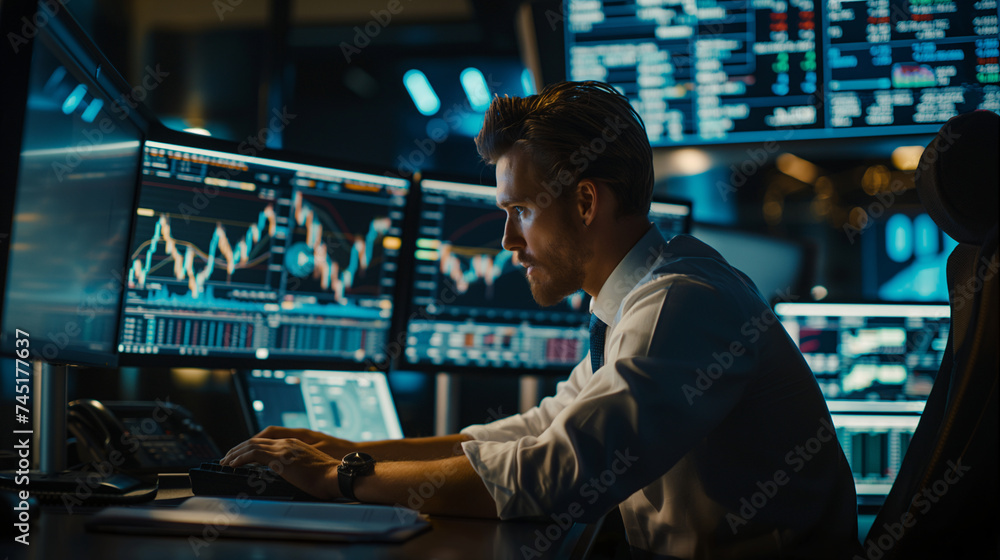 Focused Broker Analyzing Stock Market Data on Multiple Computer Screens in Modern Office Focused Broker Analyzing Stock Market Data on Multiple Computer Screens in Modern Office