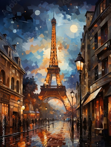 A bright picture with the sights of Paris. splashes of color. An emotional picture. Evening city. Sunset. Streets.