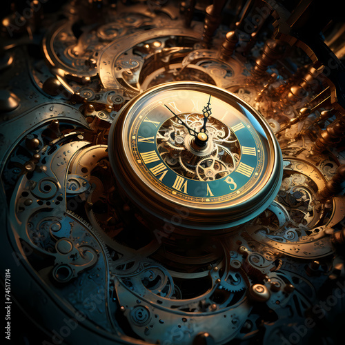 Abstract concept of time with clock hands and swirls
