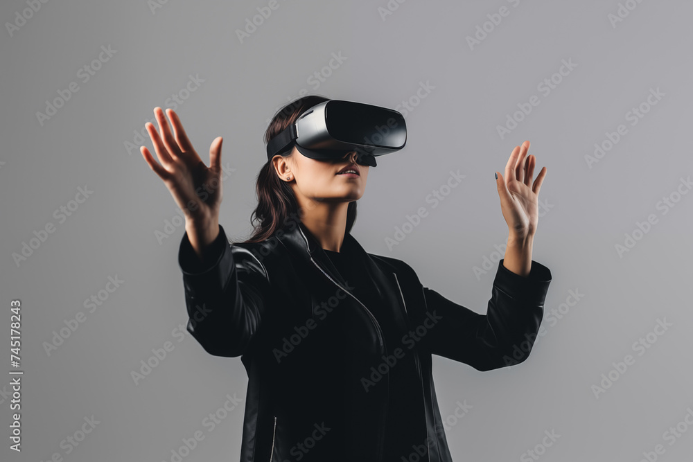 Woman Experiencing Virtual Reality with Smart Glasses, Future Technology Concept Woman Experiencing Virtual Reality with Smart Glasses, Future Technology Concept