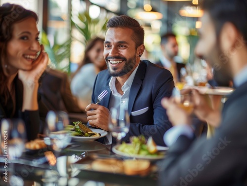Group of Smiling Business Colleagues Enjoying a Meal Together at a Restaurant